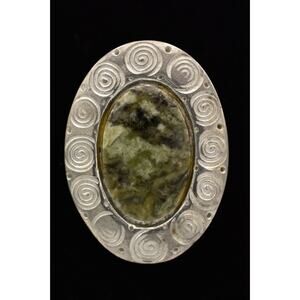 PJC Vintage Pin Brooch Cabochon Stone Inlay Green Silver Tone Signed BinAP